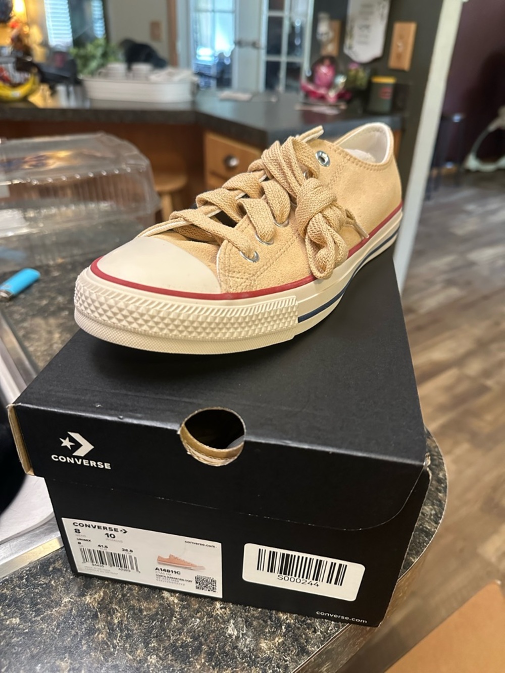 Converse Low Top Canvas Sneakers in Beige with Red Trim